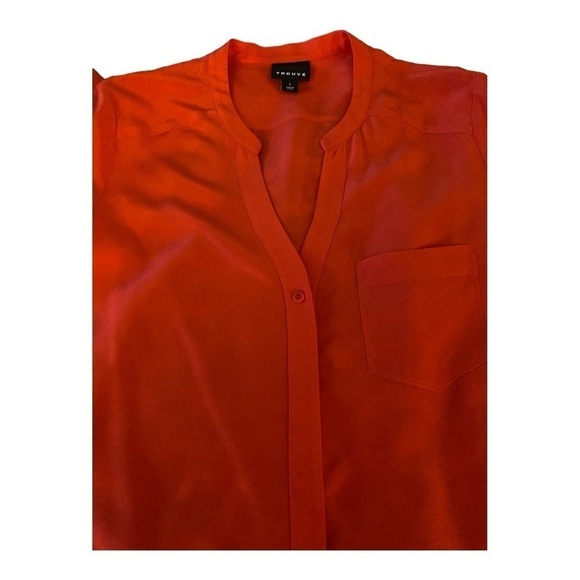 Trouve silk top, orange, hidden button down , long sleeves, V-Neck, one pocket. - Picture 7 of 7